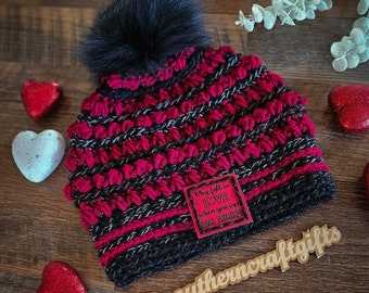 Cozy Valentine's Day Crochet Beanie with Faux Fur Pom Pom - Handmade Winter Hat for Women
