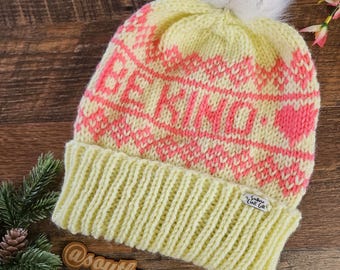 Be Kind Beanie | Knit Women's Beanie | Double Brim | OOAK | Gift For Her | Pom Pom Hat | Ready To Ship