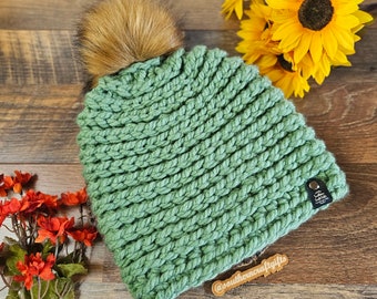 PNW Beanie in Sage green for adults, Winter Accessories for her, Pom Pom beanies