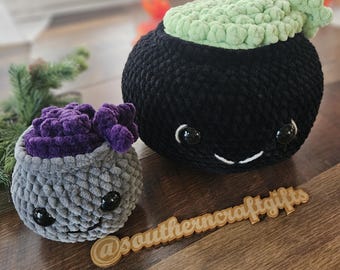 Plushie Cauldron Candy Dishes | Halloween Crochet Bowls with Potion Bubble Tops | Safety Eyes | Black, Green, Gray & Purple