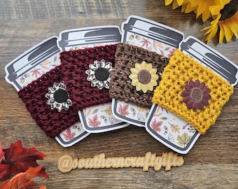 Sunflower Cup Cozy | Hand Crocheted Coffee Sleeve with Feltie | Leopard Print, Yellow, or Burgandy Flower | Ready to Ship