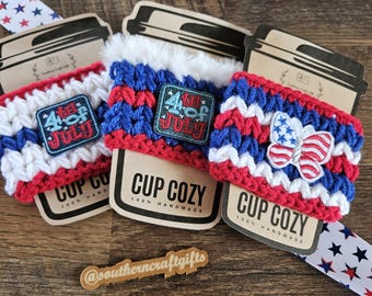 4th of July Crochet Cup Cozy | Mug Hug | Crochet Cup Cozy | Coffee Cup Sleeve | Ready to Ship | Gift Baskets Items | Tea Lover | Reusable