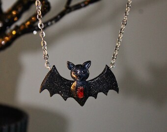 Gothic Halloween Necklace - Polymer Clay Bat Spooky Gothic Necklace