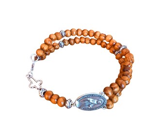 Pulseira de terço de madeira, pulseira religiosa para homens e mulheres, medalha milagrosa, cruz de prata, joia cristã, presente espiritual