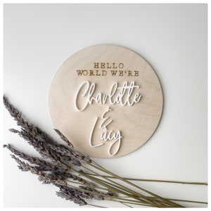 Siamo qui/targa per annuncio gemellare/disco per neonato Hello World/regalo per baby shower/targa per neonato/annuncio nascita/nuovo arrivo/rivelazione del nome