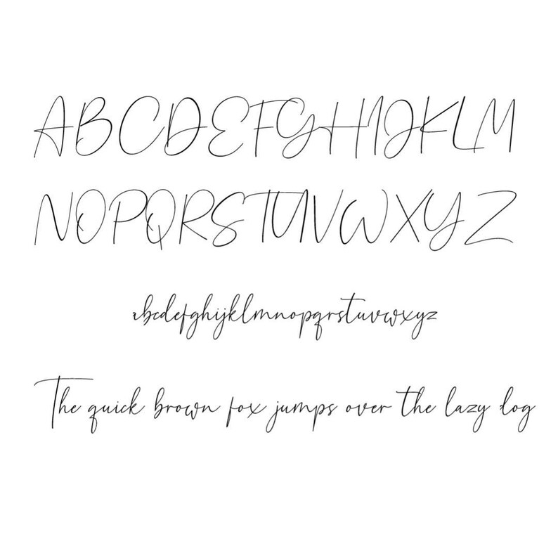 May include: A handwritten font alphabet in black ink on a white background. The alphabet includes uppercase and lowercase letters. The phrase "The quick brown fox jumps over the lazy dog" is written in the same font below the alphabet.