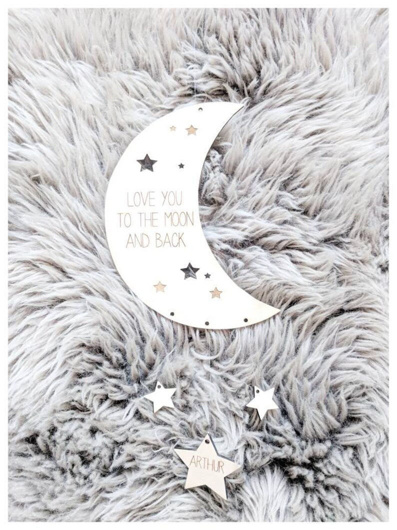 Wooden nursery mobile moon and stars Personalised mobile grey nursery Scandi decornursery decor Wood mobilenursery ideas moon mobile