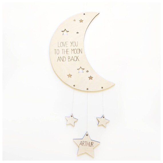Wooden nursery mobile moon and stars Personalised mobile grey nursery Scandi decornursery decor Wood mobilenursery ideas moon mobile
