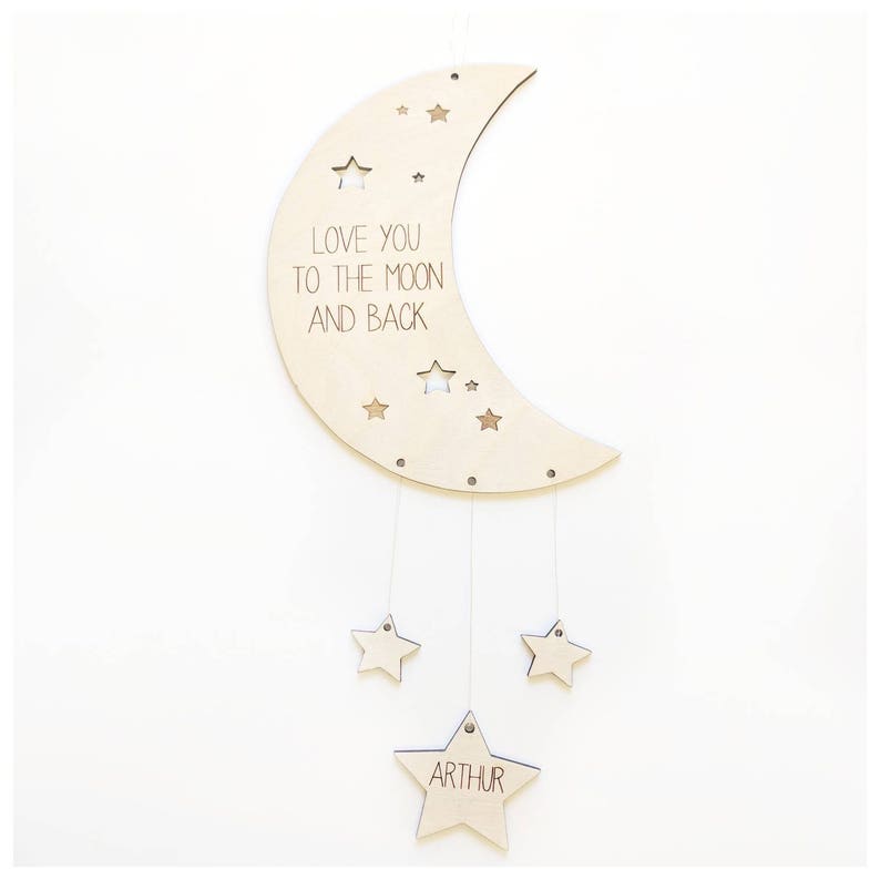 Wooden nursery mobile moon and stars Personalised mobile grey nursery Scandi decornursery decor Wood mobilenursery ideas moon mobile