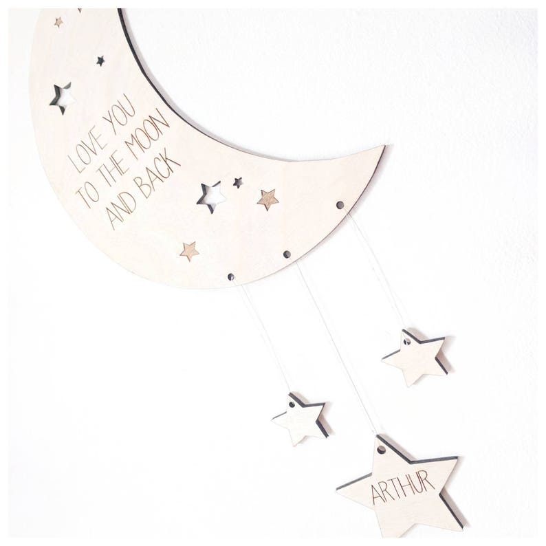 Wooden nursery mobile moon and stars Personalised mobile grey nursery Scandi decornursery decor Wood mobilenursery ideas moon mobile