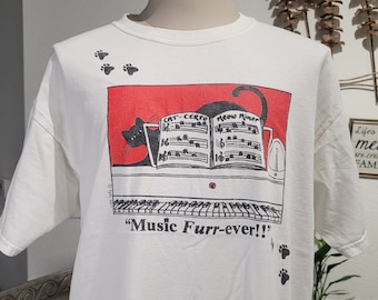 Vintage 90s Cute Cat Music Furr-Ever Music Notes white T-shirt size XL