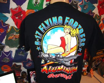 Vintage 90’s B-17 Flying fortress WWII Pin Up girl Art Military T Shirt Size L