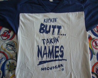 Vintage 80's Michigan Wolverines Kickin' Butt Takin' Names V Neck Jersey Style T Shirt Size M