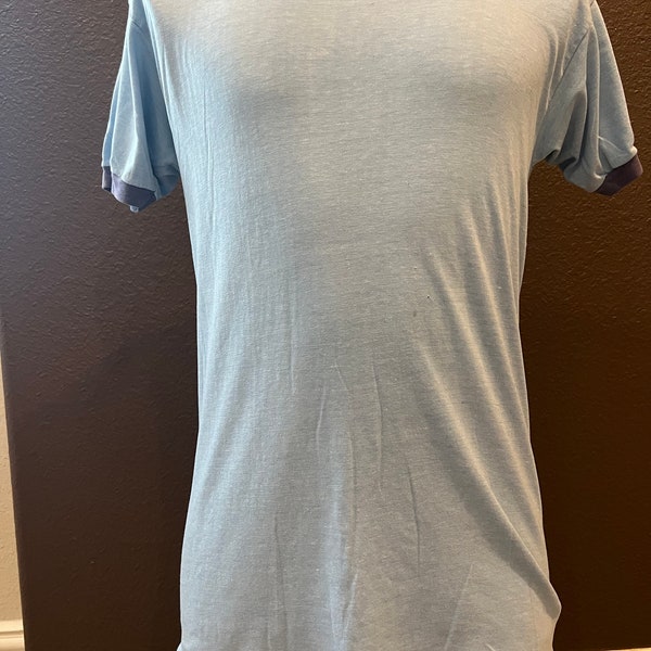 Vintage 80's Blank Blue Ringer T Shirt Size M