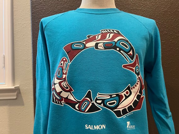 Vintage 80's Native American Salmon Blue Crewneck… - image 1