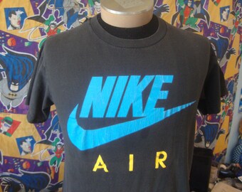 Vintage 90's NIKE AIR Swoosh Gray Tag Black Tee single stich T Shirt M