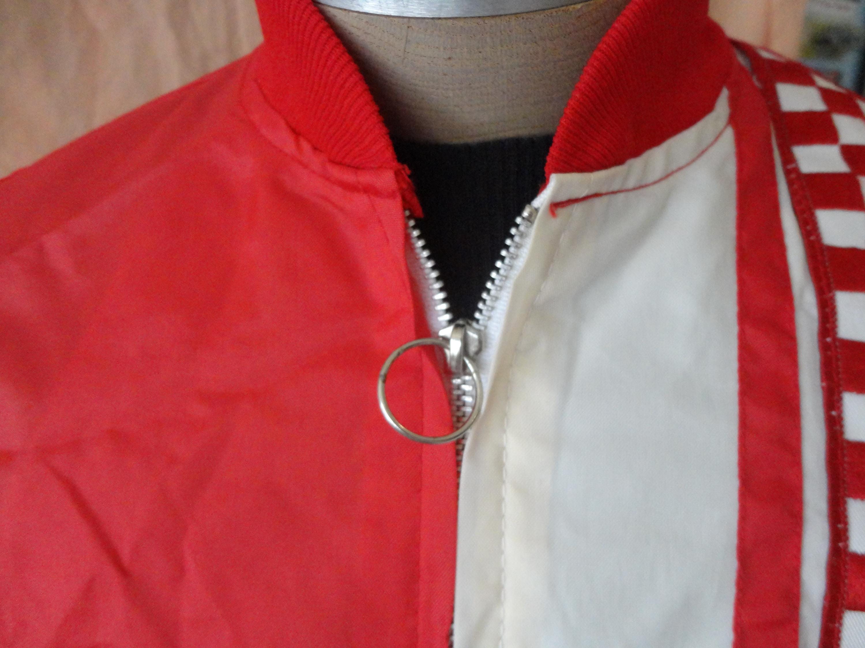 Vintage 80's Checkered Flag Red Racing Stripe Windbreaker Jacket
