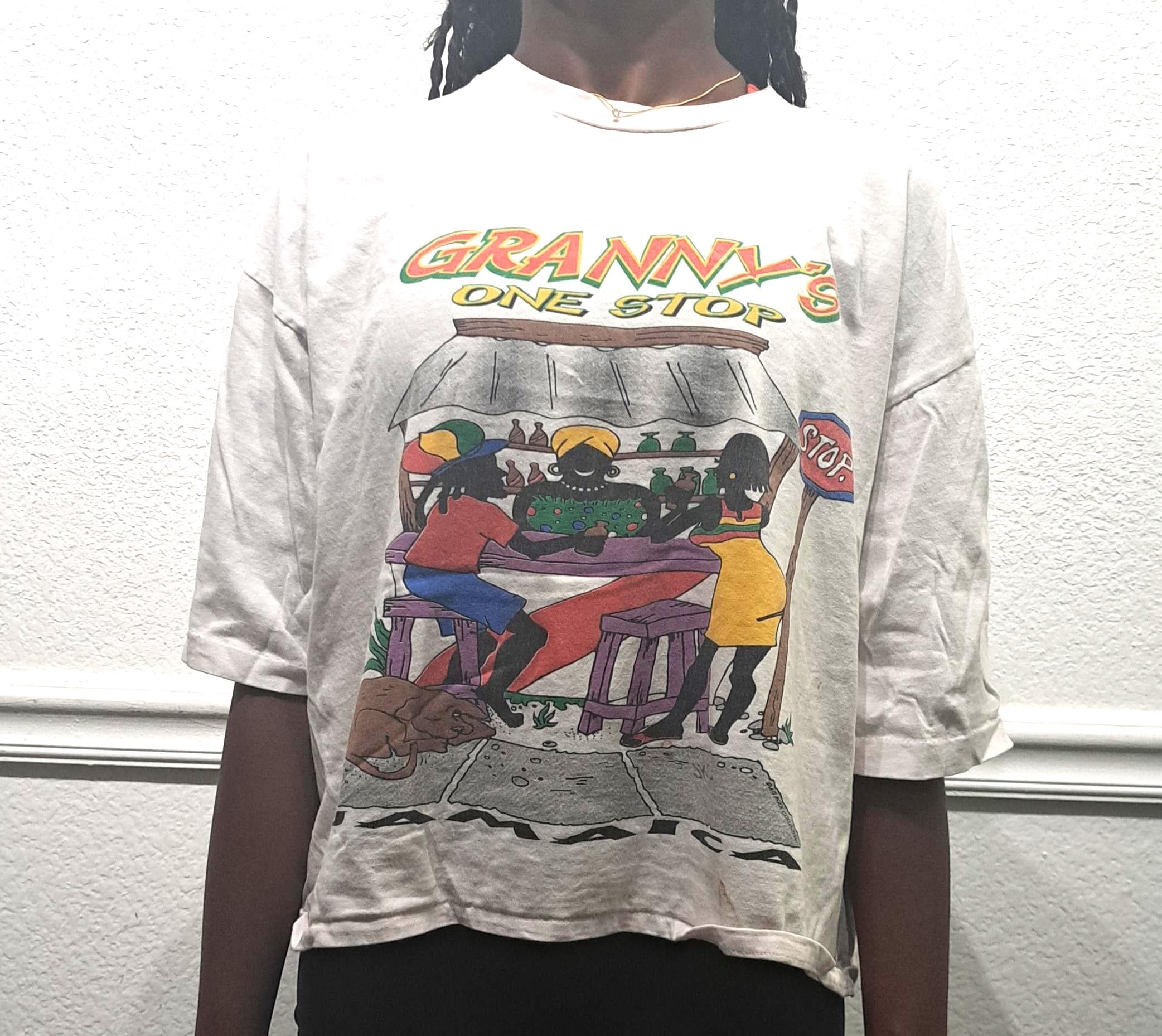 Vintage 90s Jamaica Granny's One Stop White Cropped Modeled T