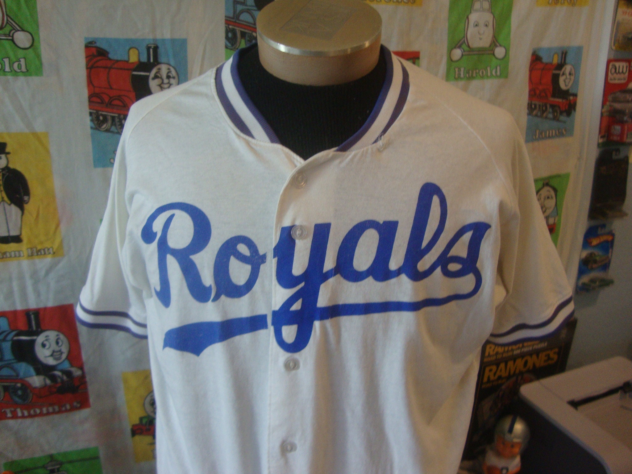 Kansas City Royals Vintage 90s Mirage Baseball Jersey - George Brett - Number #5 - White & Blue MLB Uniform Shirt - Size 2XL 