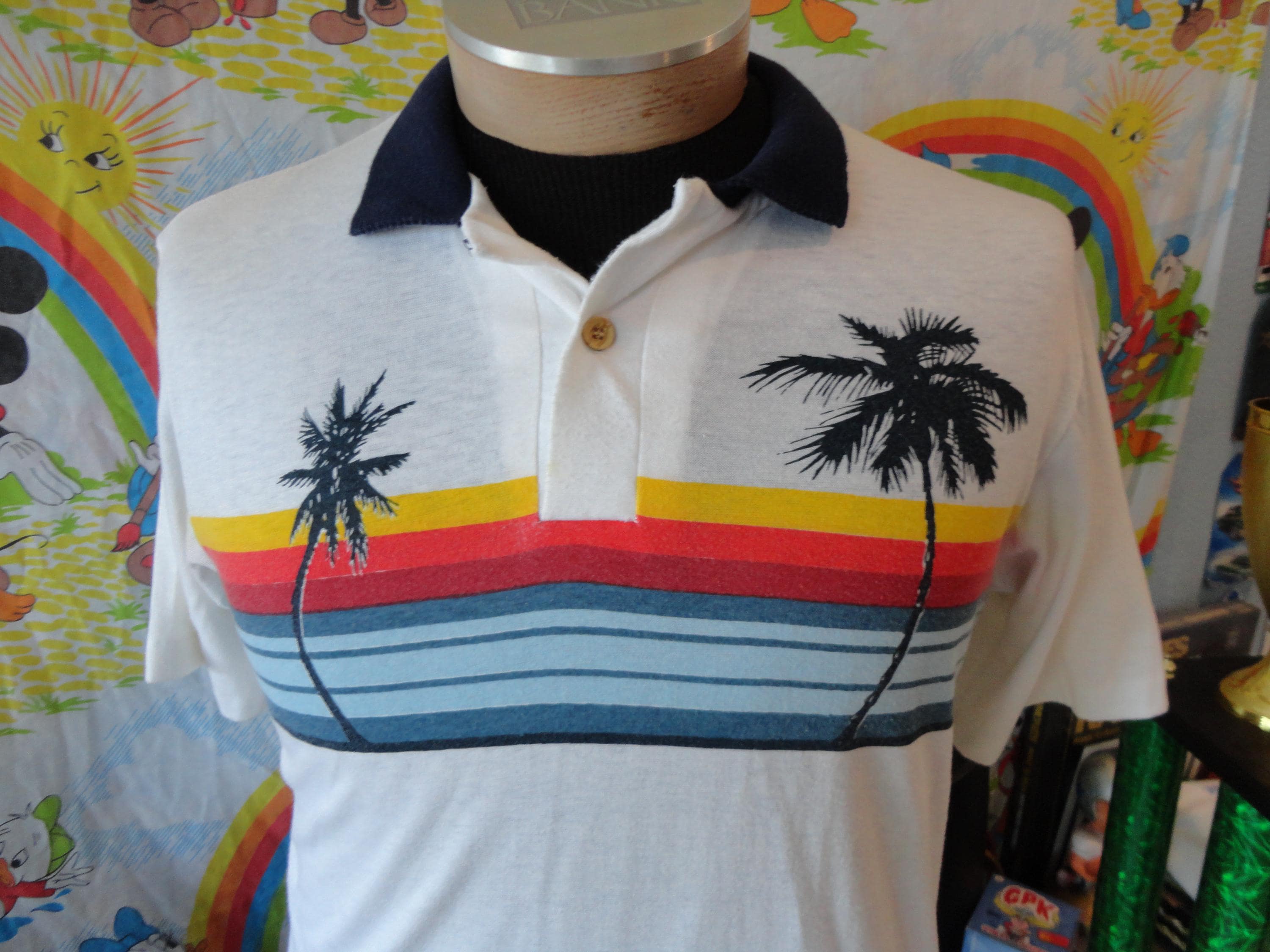 Vintage 80's Sun Spots Palm Trees Surfing Rainbow Stripe Polo
