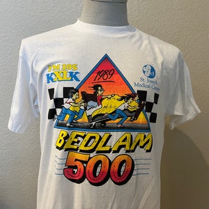 Vintage 80&#39;s Bedlam 500 1989 White T Shirt Size L