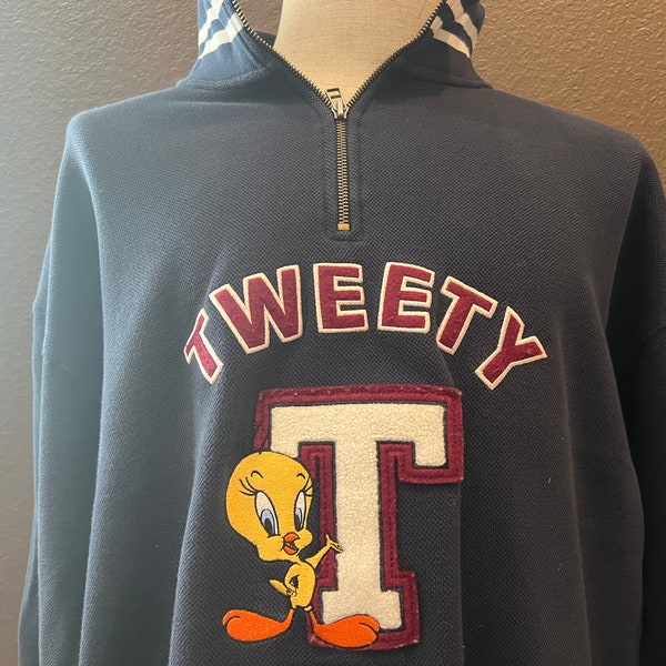 vintage 90's Tweety Bird Quarter-zip Bleu Looney Tunes Sweatshirt Taille XL