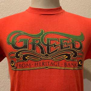 Vintage 80&#39;s Greed From Heritage Bank Money Red T Shirt Size M