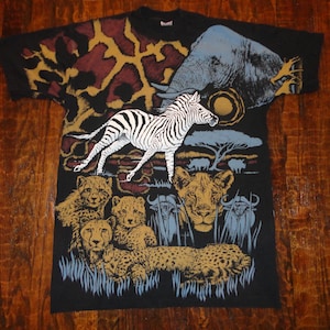 90's~00's elephant back print Tシャツ 90's Vintage 1992 JUNGLE Ape Elephant Zebra Giraffe All Over