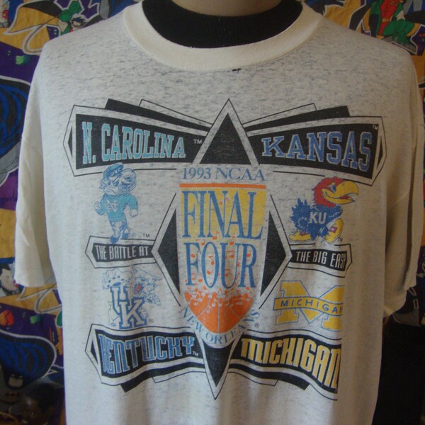 Vintage NCAA 1993 Final Four Basketball North Carolina Tarheels Kansas Jayhawks Kentucky Wildcats Michigan Wolverines Paper Thin T Shirt XL