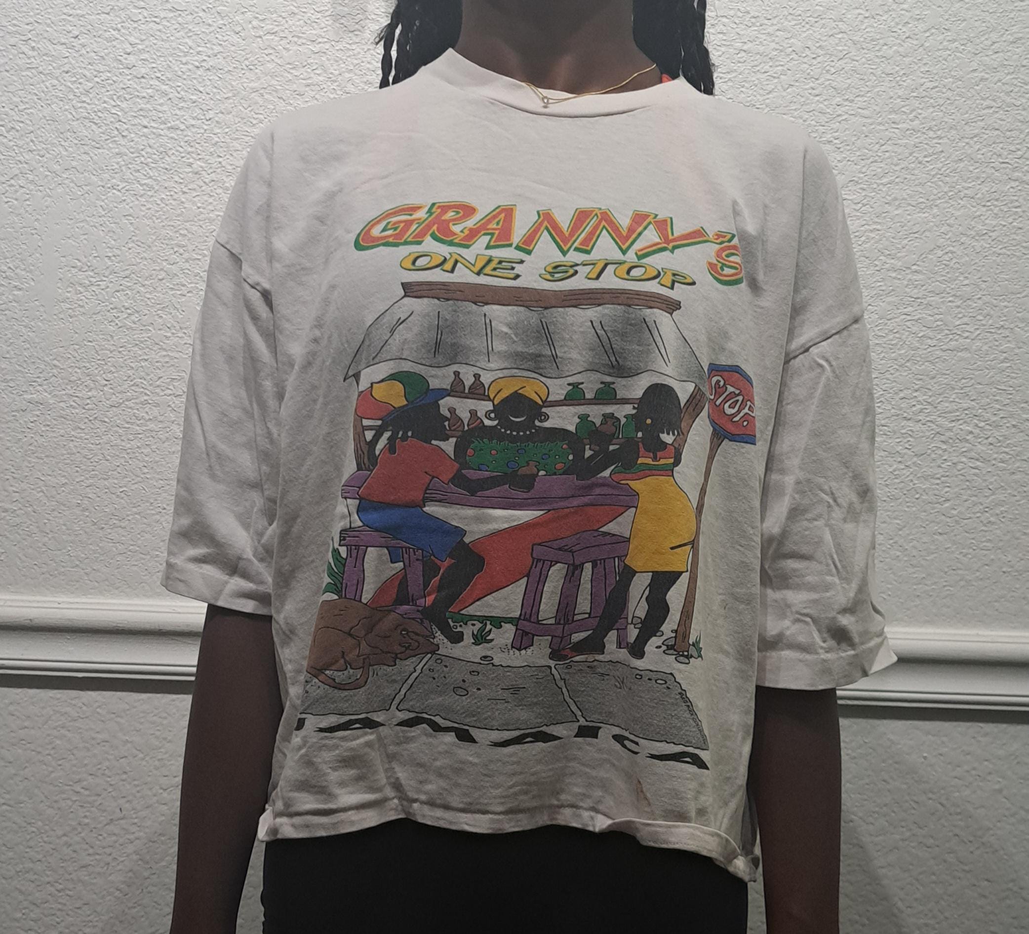 Vintage 90s Jamaica Granny's One Stop White Cropped Modeled T