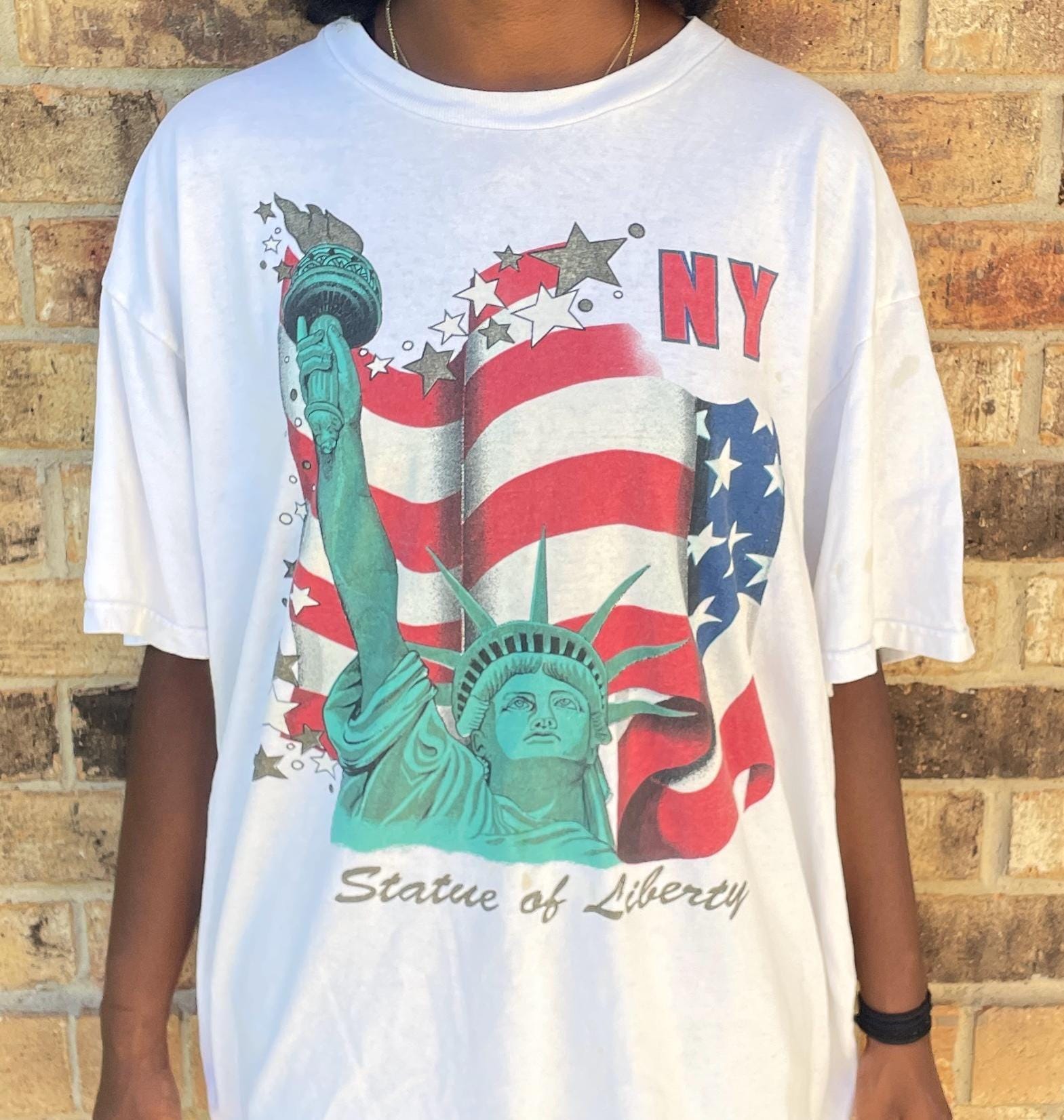 Vintage 90s New York City Statue of Liberty White T-shirt Modeled