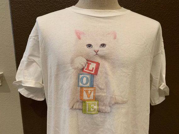 Vintage 90's Kitten Cat Love Blocks White T Shirt