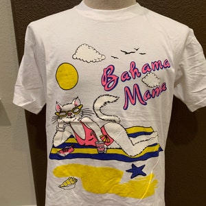 Vintage 90&#39;s Bahama Mama Cat Beach Tourist White T Shirt Size L