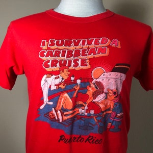 Vintage 80’s Puerto Rico I Survived A Caribbean Cruise Red T Shirt Size M
