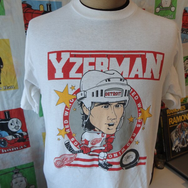 Vintage 80's Detroit Red Wings Steve Yzerman Caricature NHL Hockey T Shirt M