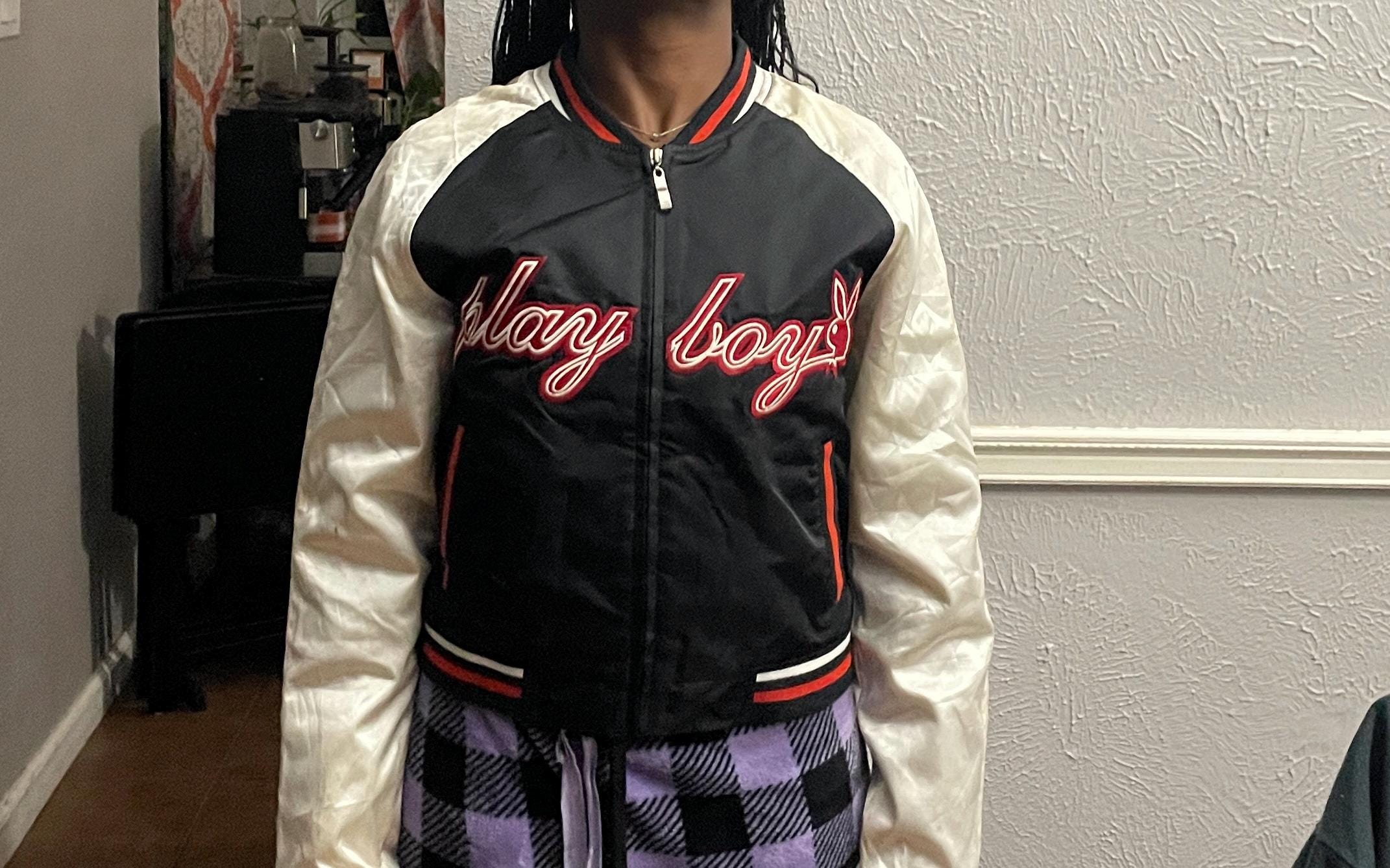 Vintage 2000s Playboy Bunny Black Satin Bomber Jacket Modeled Size 