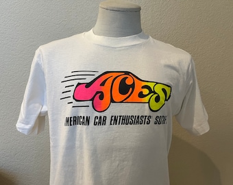 Vintage 80's ACES American Car Enthusiasts' Society White T Shirt Size L