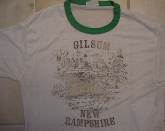 Vintage 80's Gilsum New Hampshire Tourist Souvenir Ringer Paper Thin T Shirt Size L