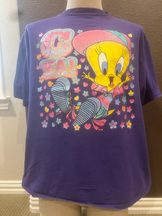 T-shirt Vintage Looney Tunes Tweety Violet Années 90 - Modèle 'Get Out Of My Face' Taille XL En Coton