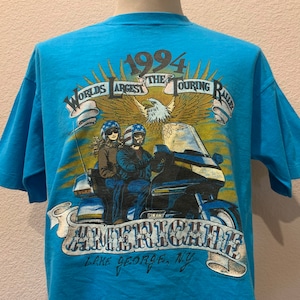 Vintage 90&#39;s 1994 World&#39;s Largest Touring Rally Americade Lake George New York Biker Motorcycle Blue T Shirt Size XL