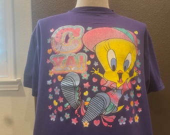 Vintage 90's C Ya! Tweety Bird Looney Tunes Purple T Shirt Size XL