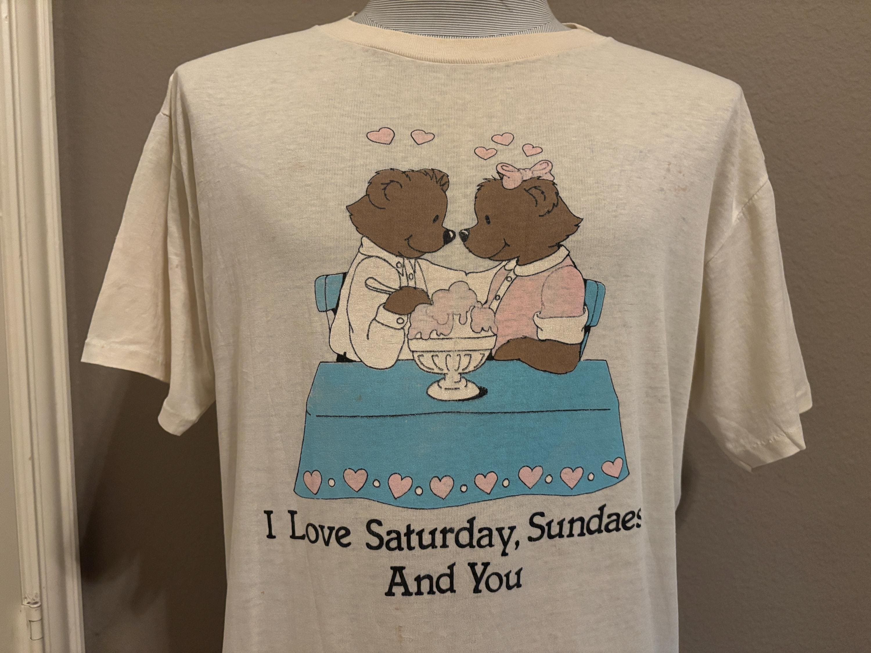 Vintage 80's I Love Saturdays Sundaes And You Loving Teddy Bears Nightgown T-shirt XXL