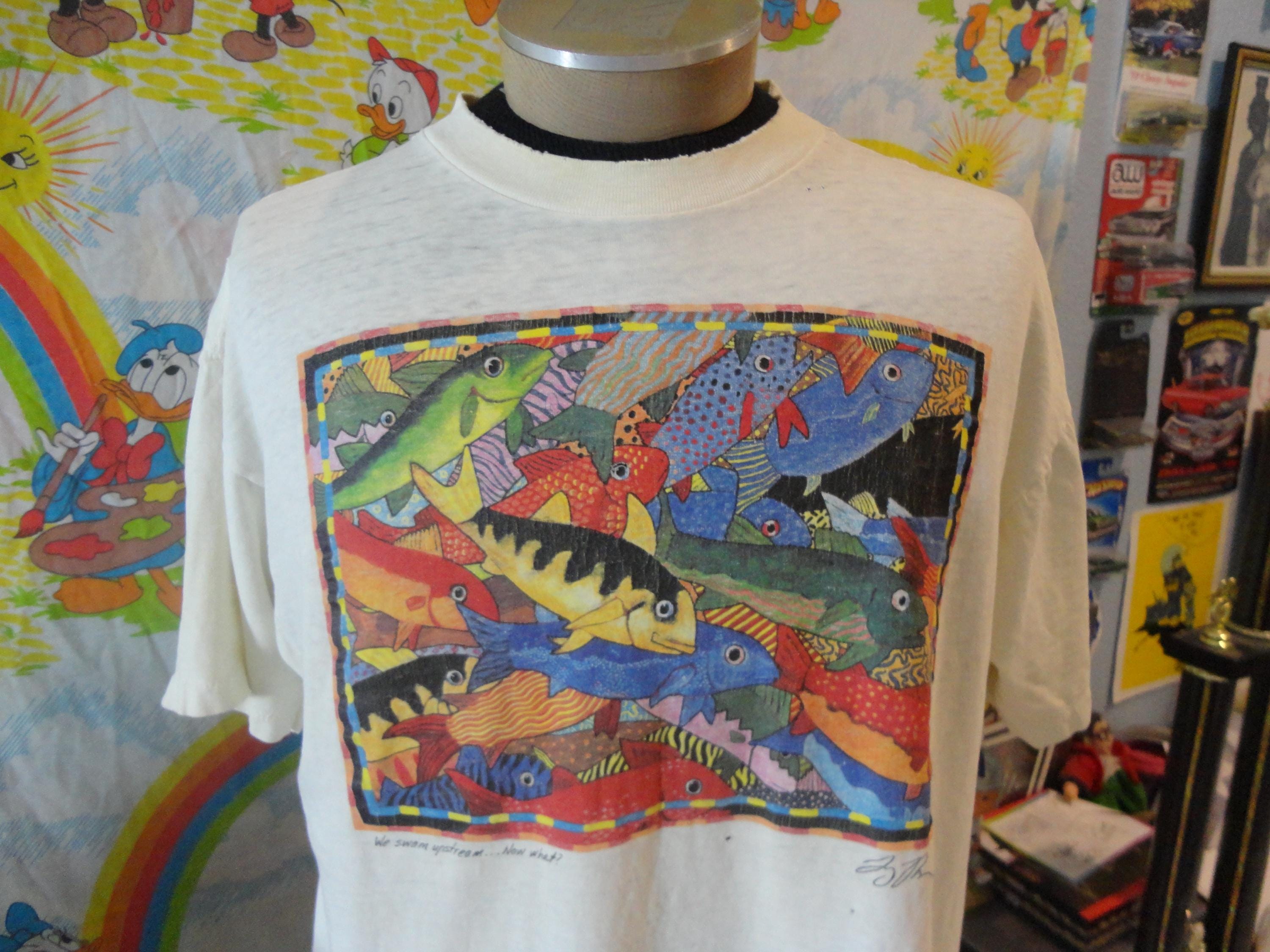 Vintage 90's We Swam Upstream Now What? Art Tee Fish T Shirt XL