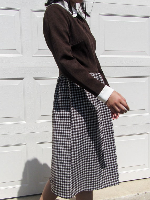 Vintage Collared Brown Dress with Plaid Skirt Siz… - image 2