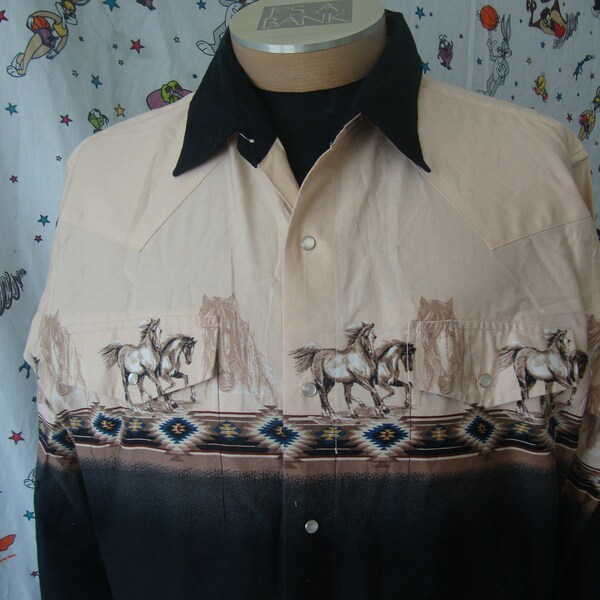 Vintage 90's Western PEARL SNAP Sante Fe Aztec style horses running Long Sleeve Shirt Size XL