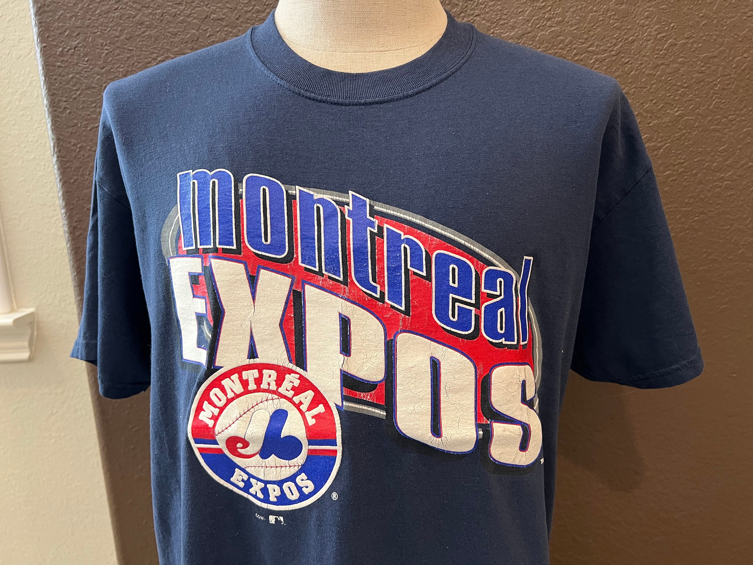 Vintage 90's Montreal Expos MLB Baseball Navy T Shirt Size 