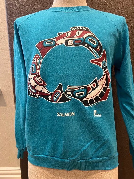 Vintage 80's Native American Salmon Blue Crewneck… - image 2