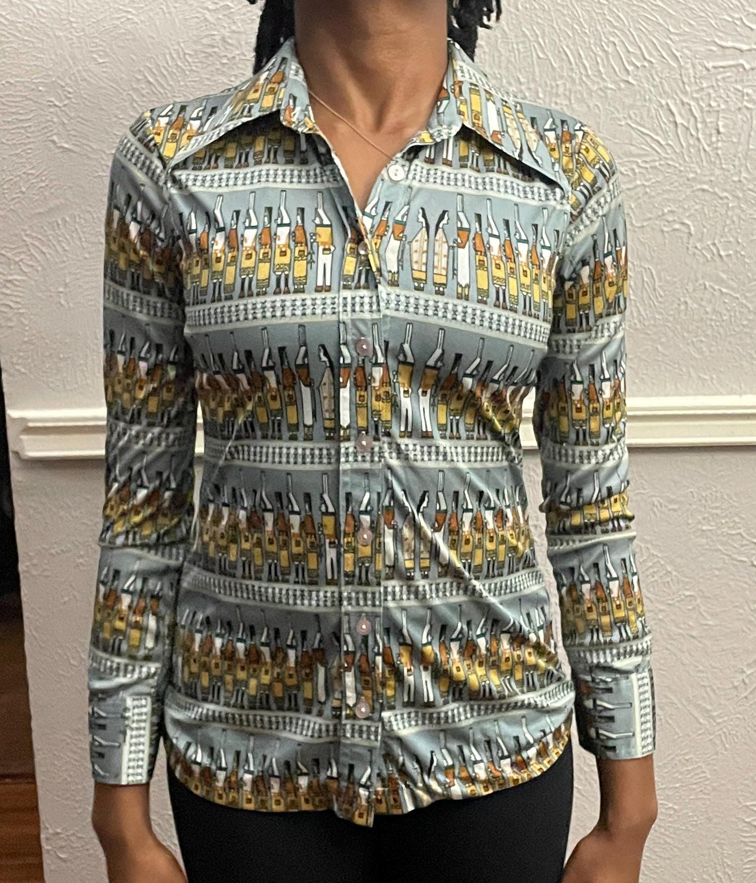 Chemise Vintage Nylon Années 70 - Col Papillon - Thème Yacht/nautique - Taille XL