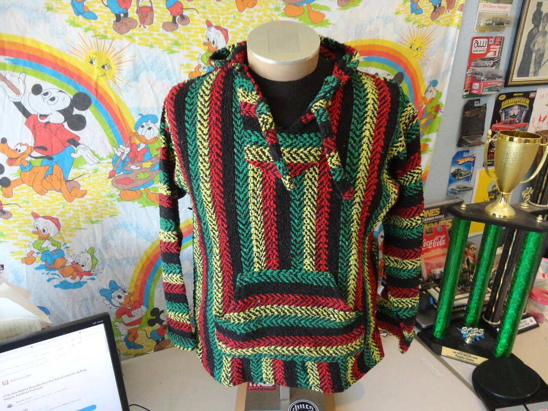 Vintage Rasta Hoodie Poncho Adult Med Reggae Drug Rug Hippie Festival ...