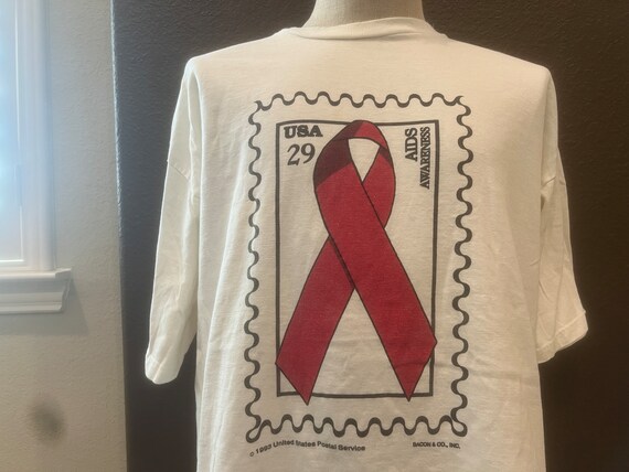 Vintage 90's AIDS Awareness Postage Stamp White T Shi… - Gem